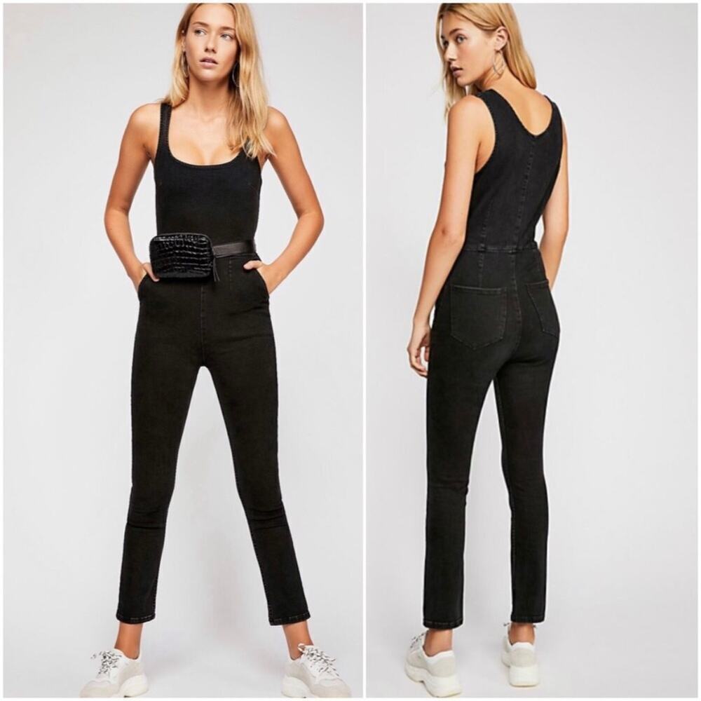 Free People Scarlet Black Jumpsuit Denim Jean Overalls size 8 Medium Boho Fall